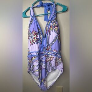 Womens 22W purple floral one piece halter bikini bathing suit